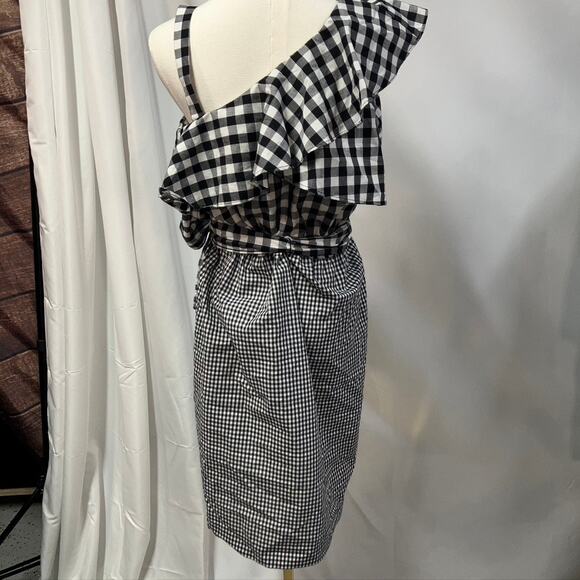 Calvin Klein Womens 8 Black Gingham One-shoulder Flounce Sheath Dress Spring - Picture 10 of 16
